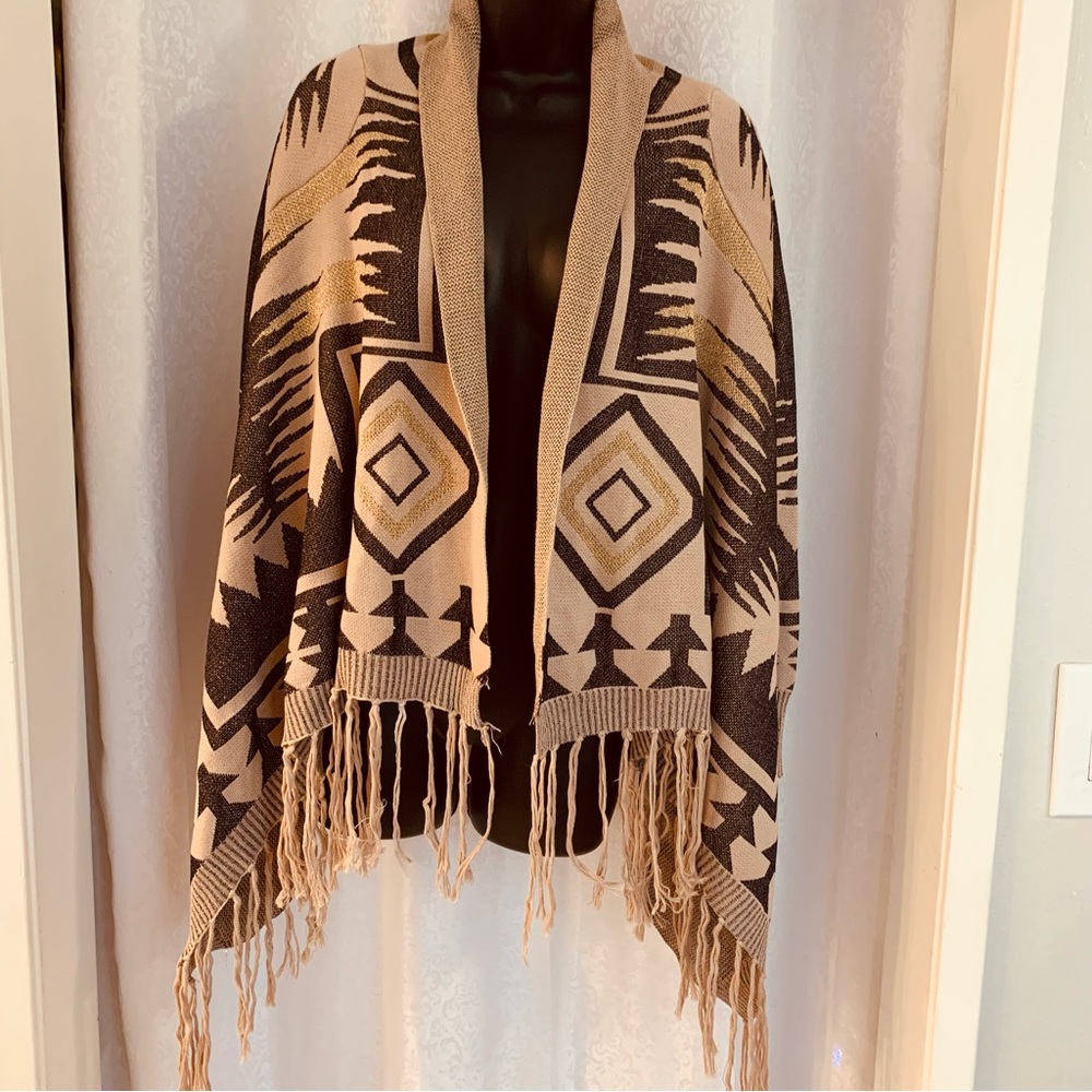 Boho Fringe Open Front Aztec Cardigan Shawl - Beige Black